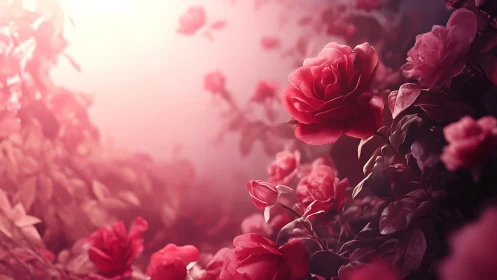 Red roses in soft focus garden scene with atmospheric lighting