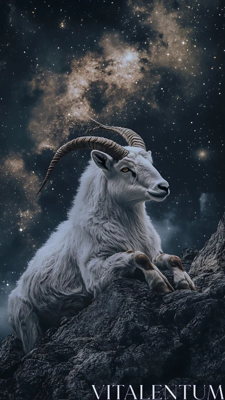 Star-watching mountain goat pauses on a midnight throne
