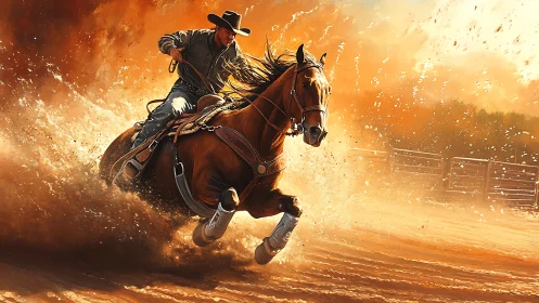 Cowboy and horse charge through blazing dust and flying light