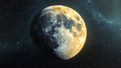 Lunar terminator detail under golden sidelight in deep space.