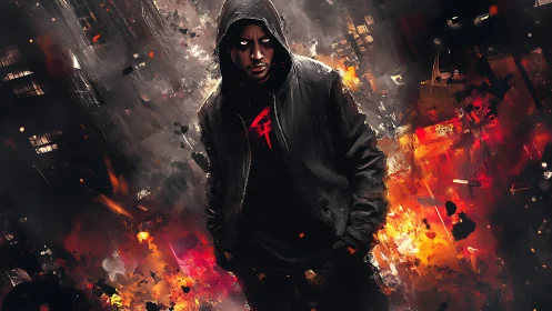 Hooded urban antihero stalks through burning neon nightscape.