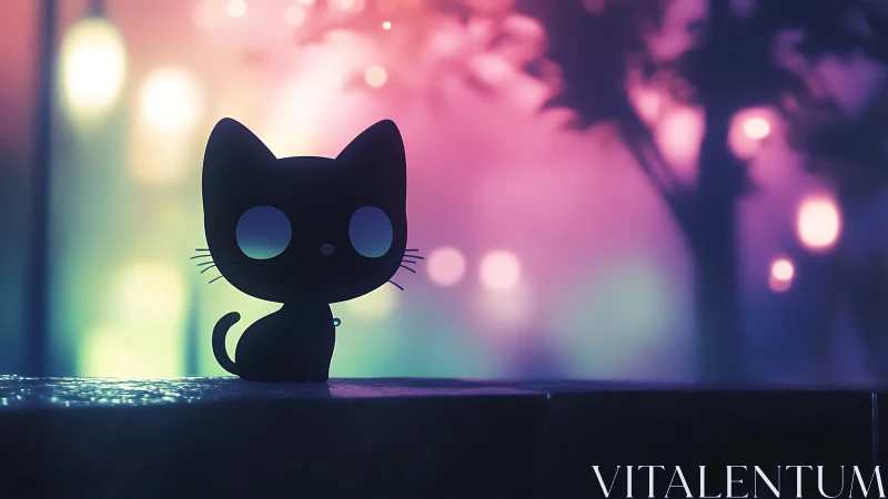 Silhouette cartoon cat on ledge with blurred neon lights.