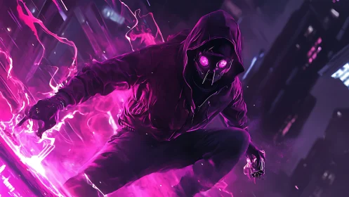 Neon-charged hooded rogue channeling urban plasma currents.