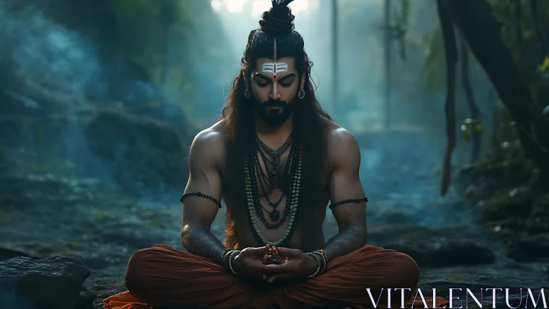 Serene forest yogi in deep meditation at dawn.