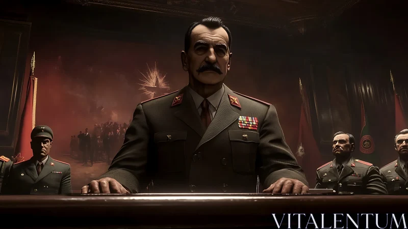 Authoritarian general at tribunal podium under dramatic lighting