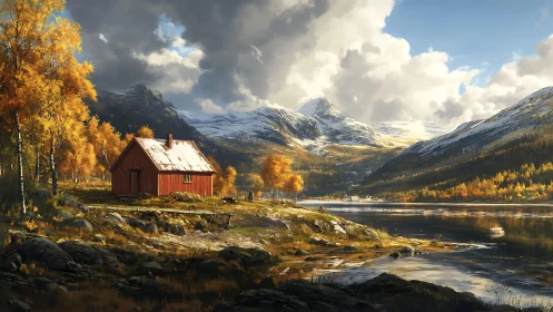 Cozy red cabin beside a tranquil lake in golden autumn light.
