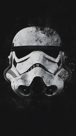 Weathered sci-fi combat helmet with monochrome grunge finish.