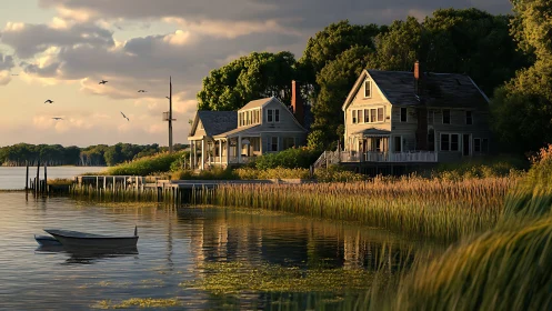 Golden hour light warms quiet lakeside houses and boat
