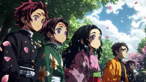 Cherry blossom anime heroes beneath glowing forest sky.