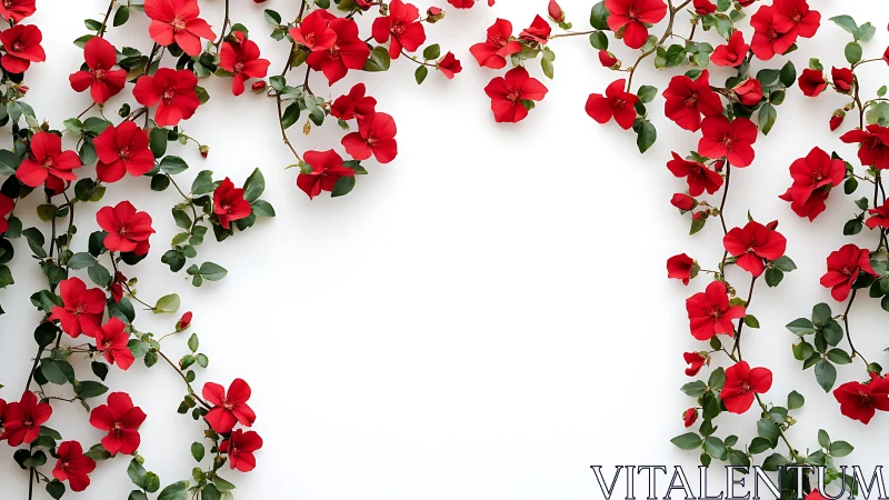 Red climbing flowers with green foliage arranged on white background.