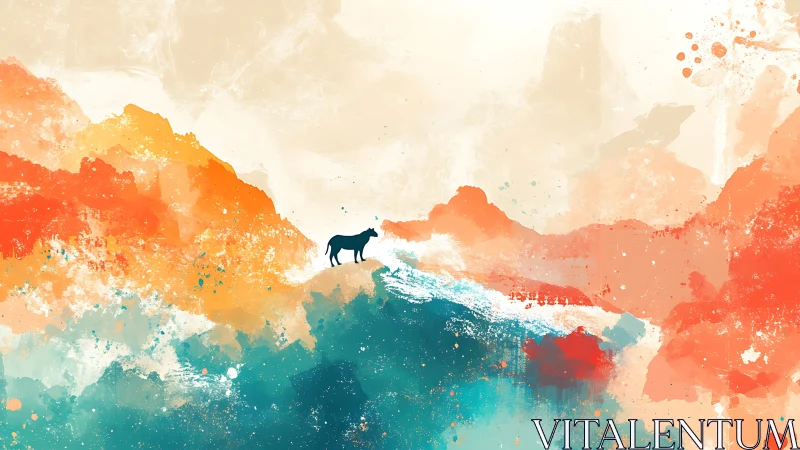 Silhouette wolf surveys abstract watercolor mountainscape