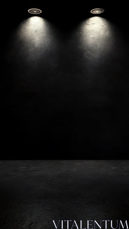 Dual spotlit black gallery wall with textured floor plane.