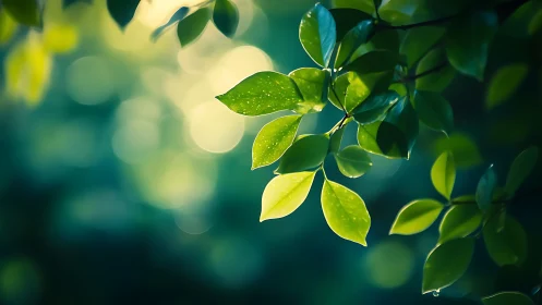 Sunlit Green Leaves with Soft Bokeh in Nature Photography Style.