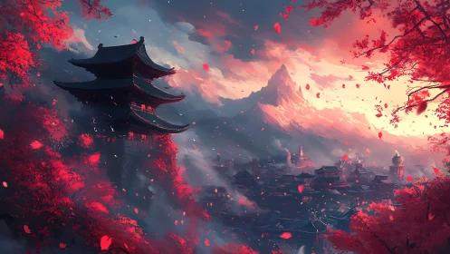 Crimson mountain temple at dusk above a dreaming valley.