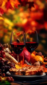Red wine glasses anchor an autumnal harvest still life