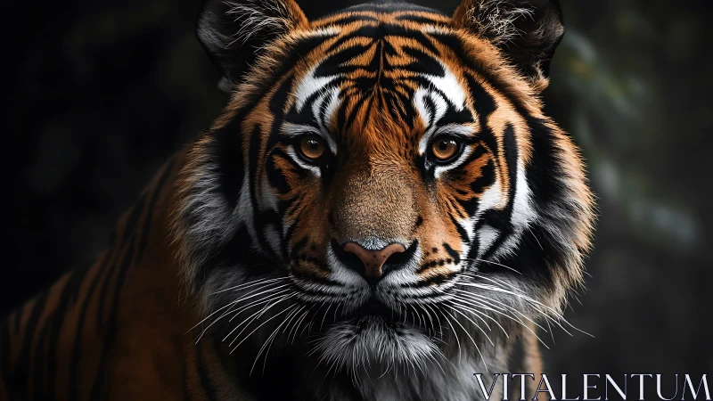 Intense tiger portrait with dramatic low key lighting focus.
