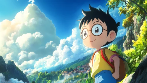 Boy with backpack stands on mountain trail above village