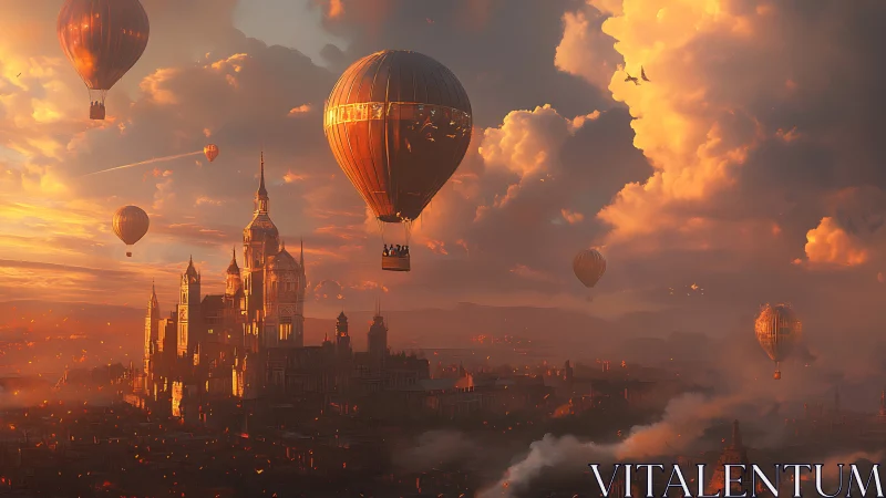 Sunlit airships drifting above a steampunk citadel at dusk.