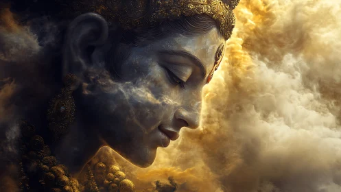 Gilded deity profile emerging from volumetric clouds in warm light