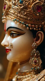 Profile view of ornate sculpted deity head with jewelry.