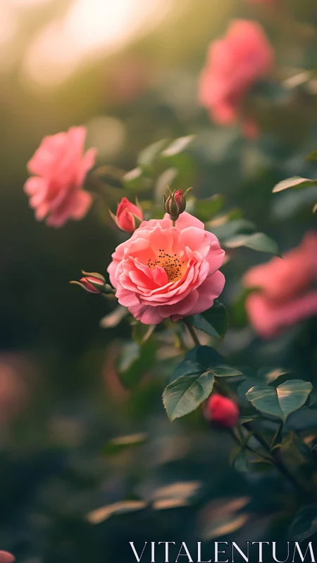 Pink garden roses in varied bloom stages with warm sunlight.
