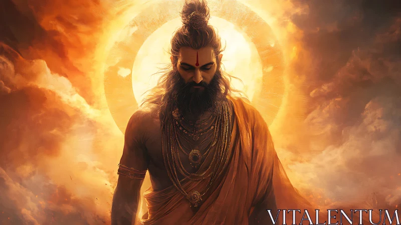 Serene sage figure before radiant circular sun halo.