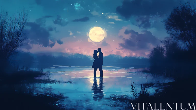 Two figures stand in shallow water beneath large full moon.