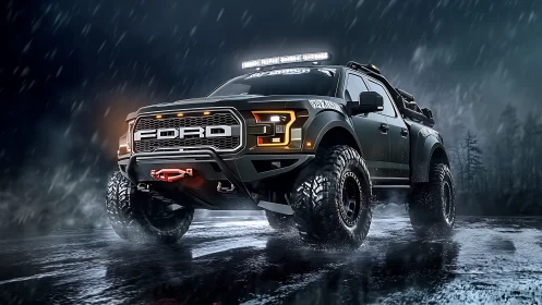 Storm-chasing off-road titan roars through rain-soaked night.