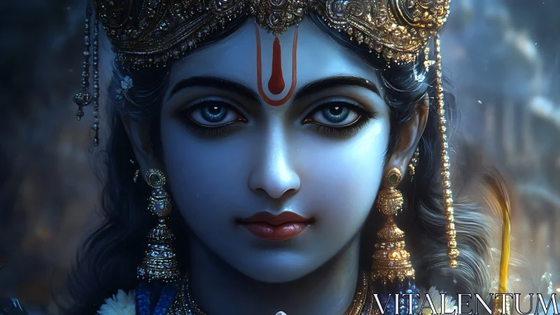 Digitally rendered deity portrait with ornate headpiece.