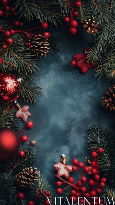 Festive evergreen border with red ornaments and pinecones.