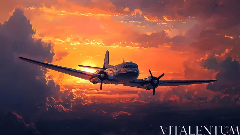 Sunset propeller voyager carving firelit clouds in flight.