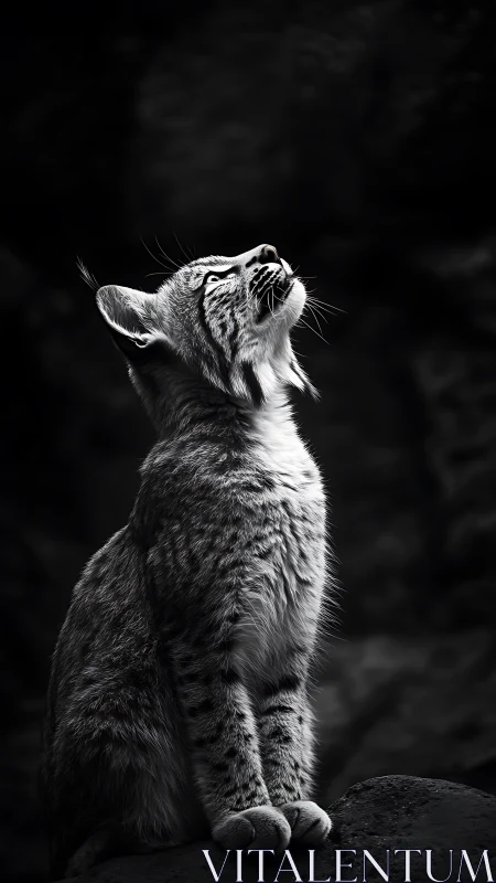 Young lynx gazing upward in soft, soulful moonlit calm.