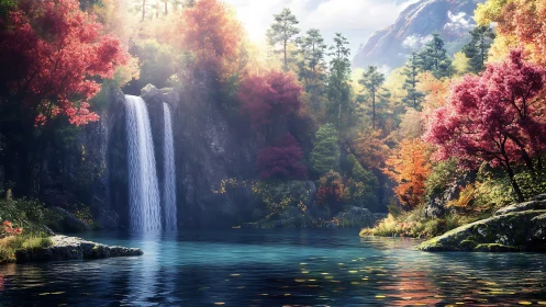Twin cascade waterfall over turquoise pool in autumn forest