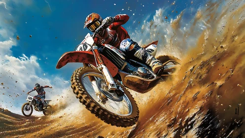 Roaring dirt bikes sling sunlit mud into the racing sky