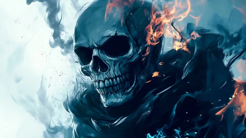 Flaming skull wreathed in blue smoke looms from the shadows