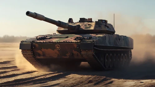 Powerful modern battle tank rumbles across a dusty range