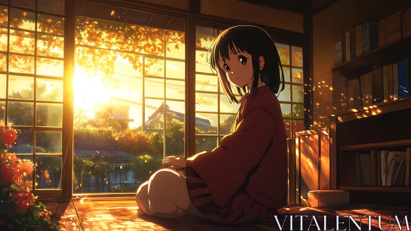 Interior view shows seated girl before backlit window at sunset