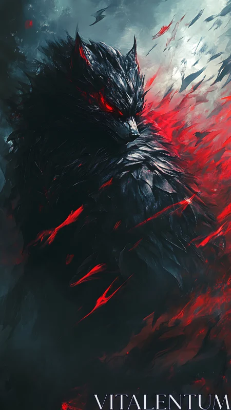 Dark lupine figure rendered in red and teal digital strokes