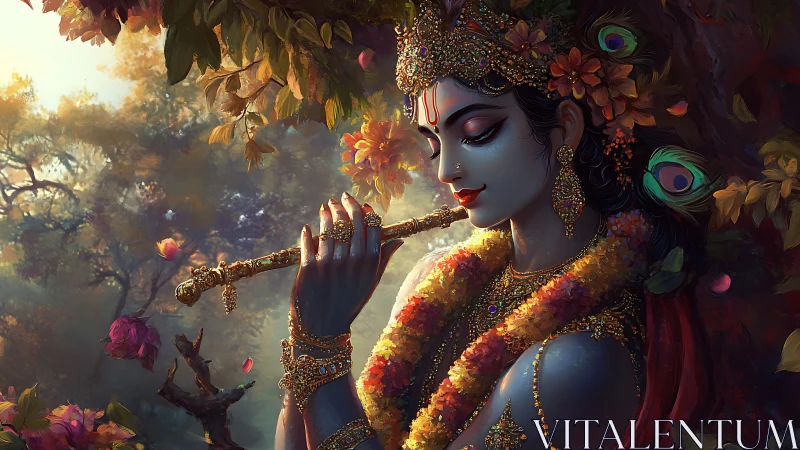 Blue-hued divine flutist in florid woodland chromatic bloom.