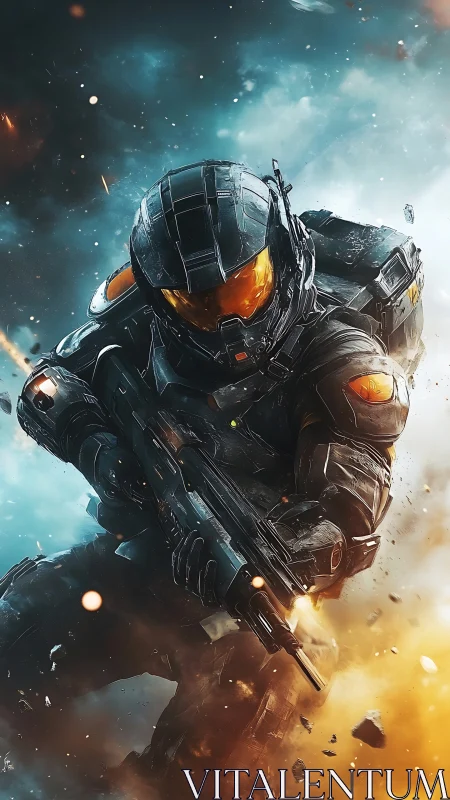 Armored space soldier charging through explosive battle.