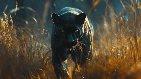 Black Panther in Golden Grassland with Dramatic Backlighting