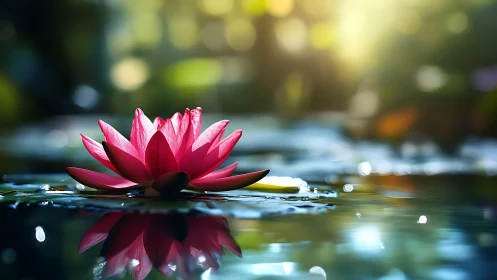 Radiant pink lotus in sunlit pond with mirror reflection.