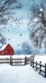 Photorealistic rural winter farmstead with leading fence lines.