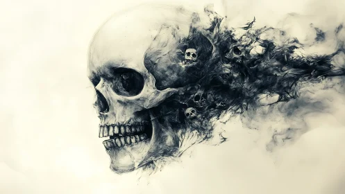 Human skull with fragmented smoky forms and smaller crania.