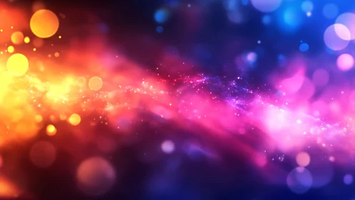 Colorful diagonal light trail crosses vivid bokeh field