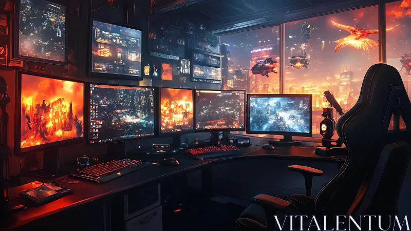 Multi-monitor gaming workstation in futuristic cityscape.