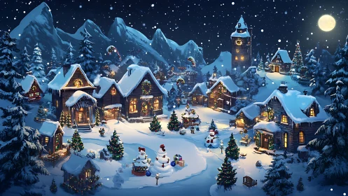 Cozy Christmas village glowing under a peaceful winter sky.