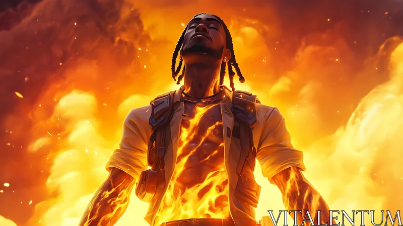 Fiery humanoid figure stands in front of erupting flames