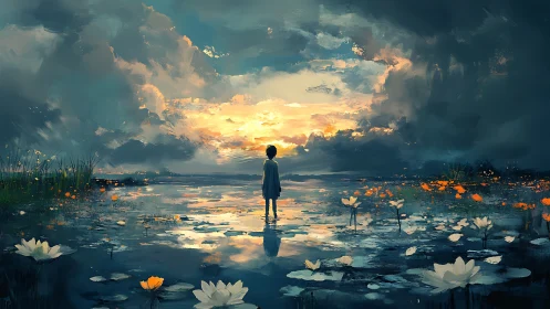 Solitary child gazes across a glowing twilight water garden