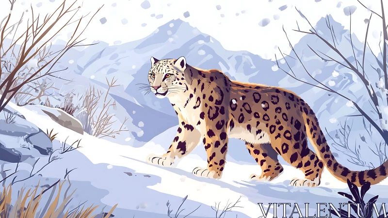 Snow leopard side profile in stylized alpine winter landscape